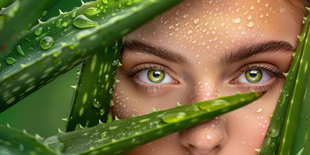 Face of a young beautiful woman and aloe plantの素材