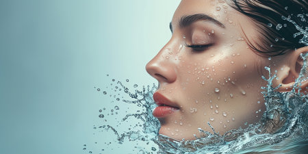The face of a calm woman with water splashing harmoniously around her. Woman's face with freshness, hydration and natural beauty skin careの素材
