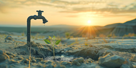 Hand pump on dry ground and young green sproutの素材
