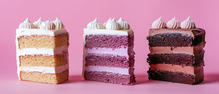 Three pieces of cake on a pink background, close-up.の素材