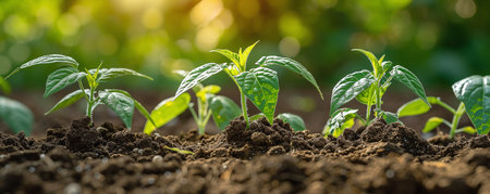 Healthy young seedlings grow in nutrient-rich soil.の素材