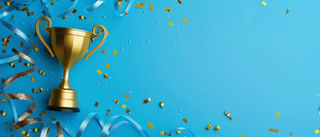 Golden trophy and streamers, business and competition concept, blue backgroundの素材