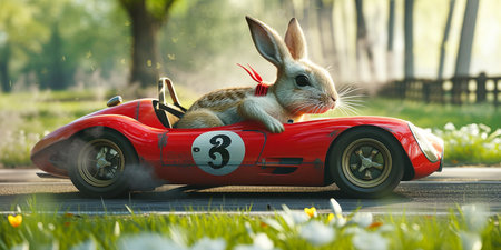 bunny on a red racing carの素材