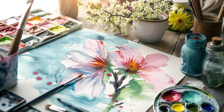 painted watercolor flower on canvas, brushes and paints on the artist's tableの素材