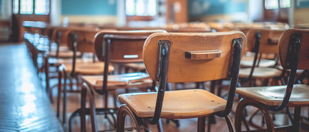 Empty class. Back to school in high school. Classroom interior. Vintage wooden chairs and desks for lectures.の素材