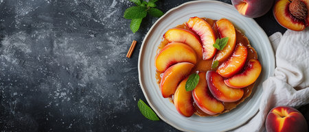 Tarte Tatin in a white plate with peach slices and cinnamonの素材