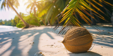 A coconut lies on the sand on the beach under palm trees. Summer vacation concept in tropical natureの素材