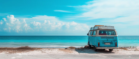 Blue travel van on the beach with ocean backgroundの素材