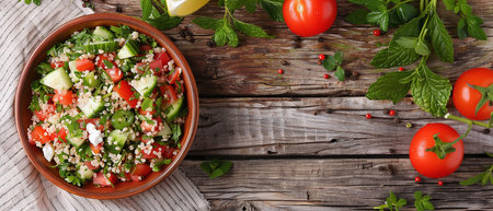 Tabbouleh salad, traditional Middle Eastern or Arabic cuisine, Levantine vegetarian salad with bulgur, quinoa, tomatoes, cucumbers, parsley and lemon juice.の素材