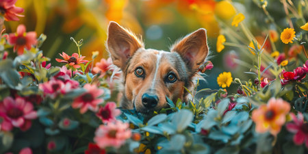 playful dog peeks out of a flower bed in the gardenの素材