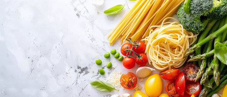 Pasta with spring vegetables Primavera green peas, carrots, asparagus, cherry tomatoesの素材