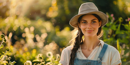 Portrait of a woman gardener in overalls and a hat stands against the backdrop of the gardenの素材