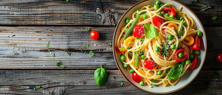 Pasta with spring vegetables Primavera green peas, carrots, asparagus, cherry tomatoesの素材