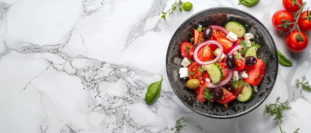 Greek salad with fresh vegetables, feta cheese and black olivesの素材