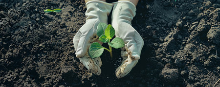 gardener's hands in gloves plant seedlings in the groundの素材
