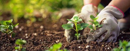 gardener's hands in gloves plant seedlings in the groundの素材