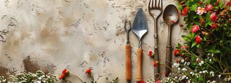 garden tools with flowers outdoorsの素材