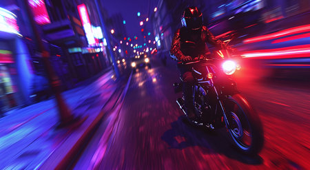 Motorcyclist rides down the street in the city at nightの素材