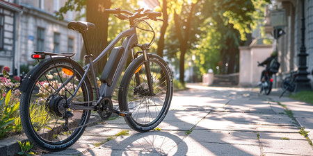 Parked e-bike on the sidewalk.の素材