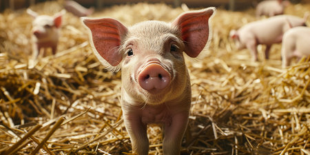 piglets in a pen strewn with strawの素材