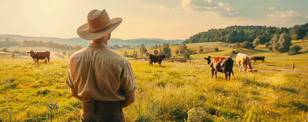 farmer in a hat watches a herd of cows on a green meadowの素材