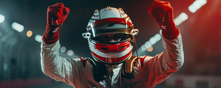 racer in a closed helmet rejoices in victory with his hands upの素材
