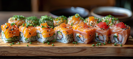 sushi on a dark background in an Asian restaurant, copyspaceの素材