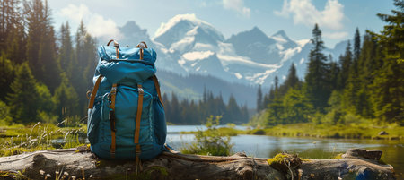 Travel backpack on a forest log against the backdrop of a mountain landscape. The concept of hiking and traveling in springの素材