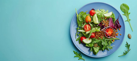Vegetarian green salad with lentils and vegetables on a plate.の素材