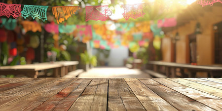 empty wooden table on blurred background from Mexican holiday cinco de mayoの素材