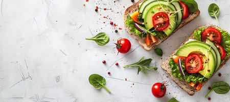 Fresh sandwich with avocado and vegetables on a white table, healthy vegetarian breakfastの素材