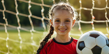 happy young girl holding a soccer ball in a red sports jerseyの素材