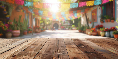 empty wooden table on blurred background from Mexican holiday cinco de mayoの素材
