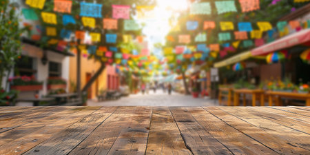 empty wooden table on blurred background from Mexican holiday cinco de mayoの素材