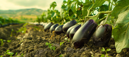 eggplants thrive in the soil of your local field and are ready to grow into delicious and nutritious natural foods.の素材