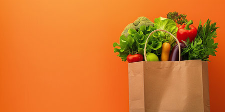 Craft brown shopping paper bag and grocery on orange background. Delivery conceptの素材