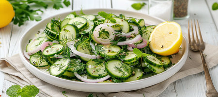 onion and cucumber salad with fresh mint leaves, dill and lemon on a white plateの素材