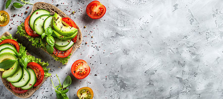Fresh sandwich with avocado and vegetables on a white table, healthy vegetarian breakfastの素材