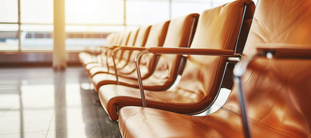 Departure hall at the airport with leather seats in a rowの素材