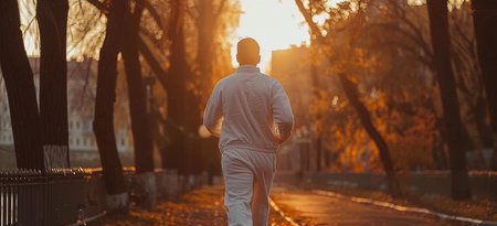 man in a tracksuit on a morning jog in a spring parkの素材
