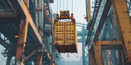 logistics container being carried by a crane in the port,の素材