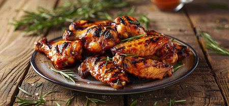 Grilled chicken wings on plate, rustic wooden tableの素材