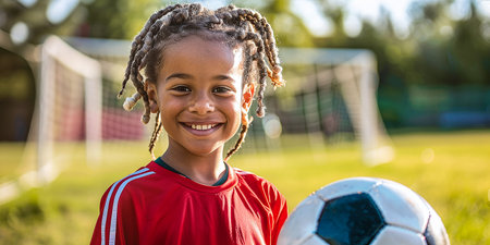 happy young boy holding a soccer ball in a red sports jerseyの素材