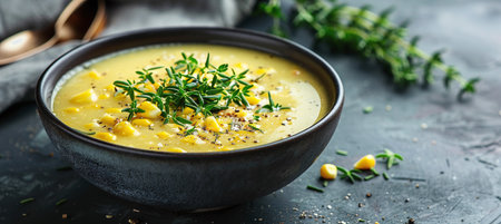 A bowl of corn soup garnished with small herbsの素材