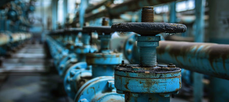 A row of blue valves at the factory. Suitable for industrial and manufacturing conceptsの素材