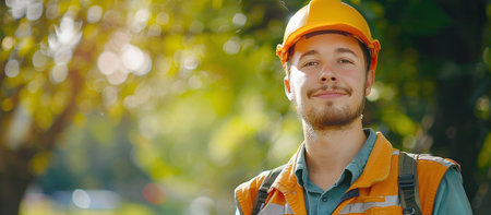 portrait of a gardener against a background of green natureの素材