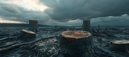 felled stumps and scattered debris under a cloudy sky signal an environmental disaster.の素材