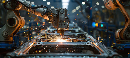 A mechanical arm welds a car frame in a factoryの素材