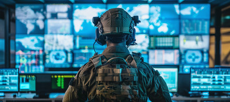 A military operator in tactical gear looks at a control room with multiple screens. Command center and strategy conceptの素材