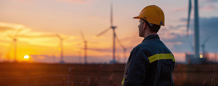 electrical engineer stands against the background of wind turbines in the morning at sunriseの素材